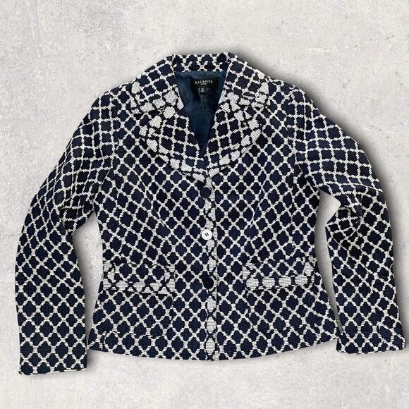 TALBOTS COTTON GEOMETRIC BLAZER JACKET BLUE WHITE 6p - Picture 1 of 8